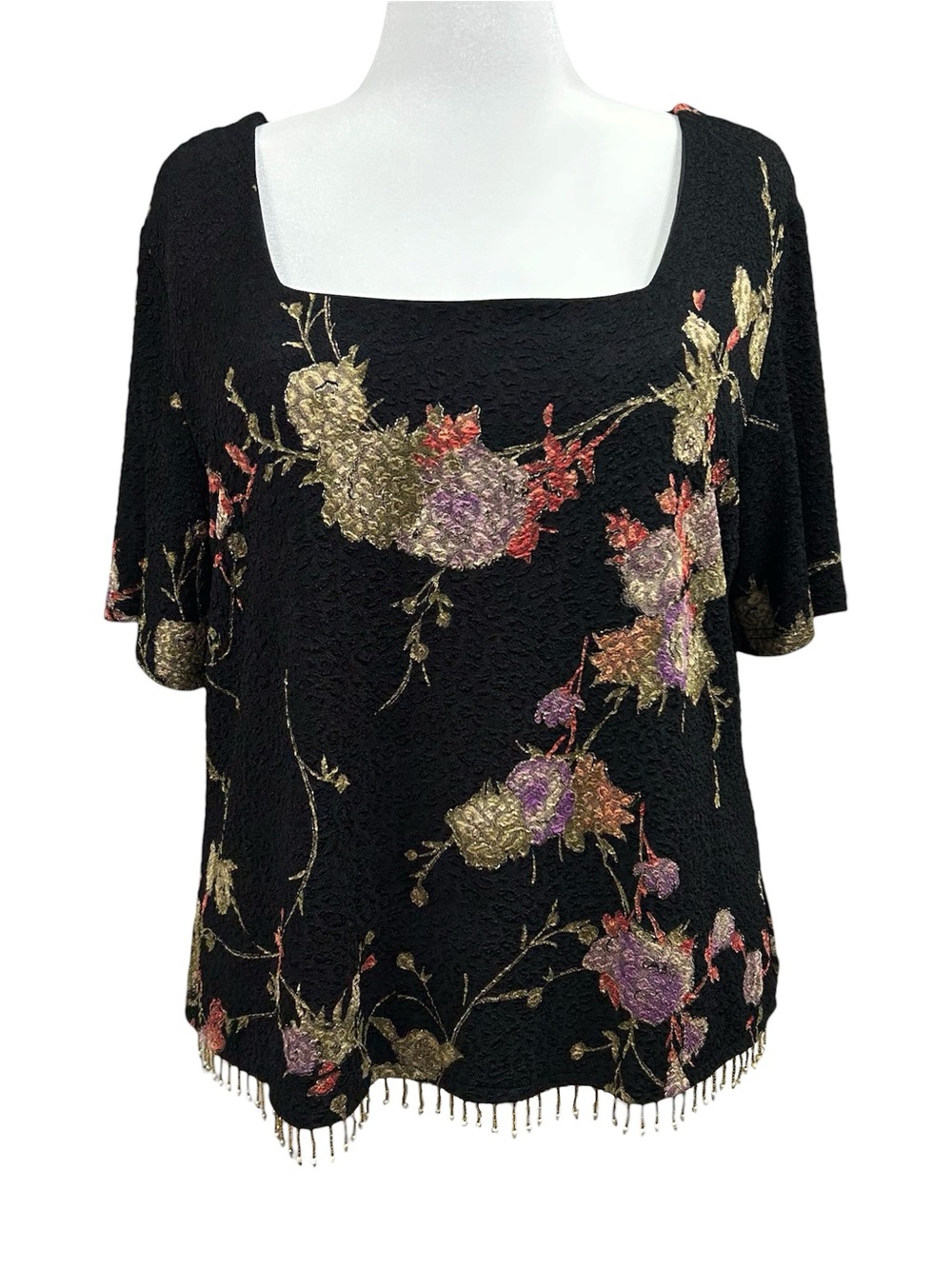 Vintage JBS Textured Floral Beaded Fringe Glitter Square Neck Blouse Black